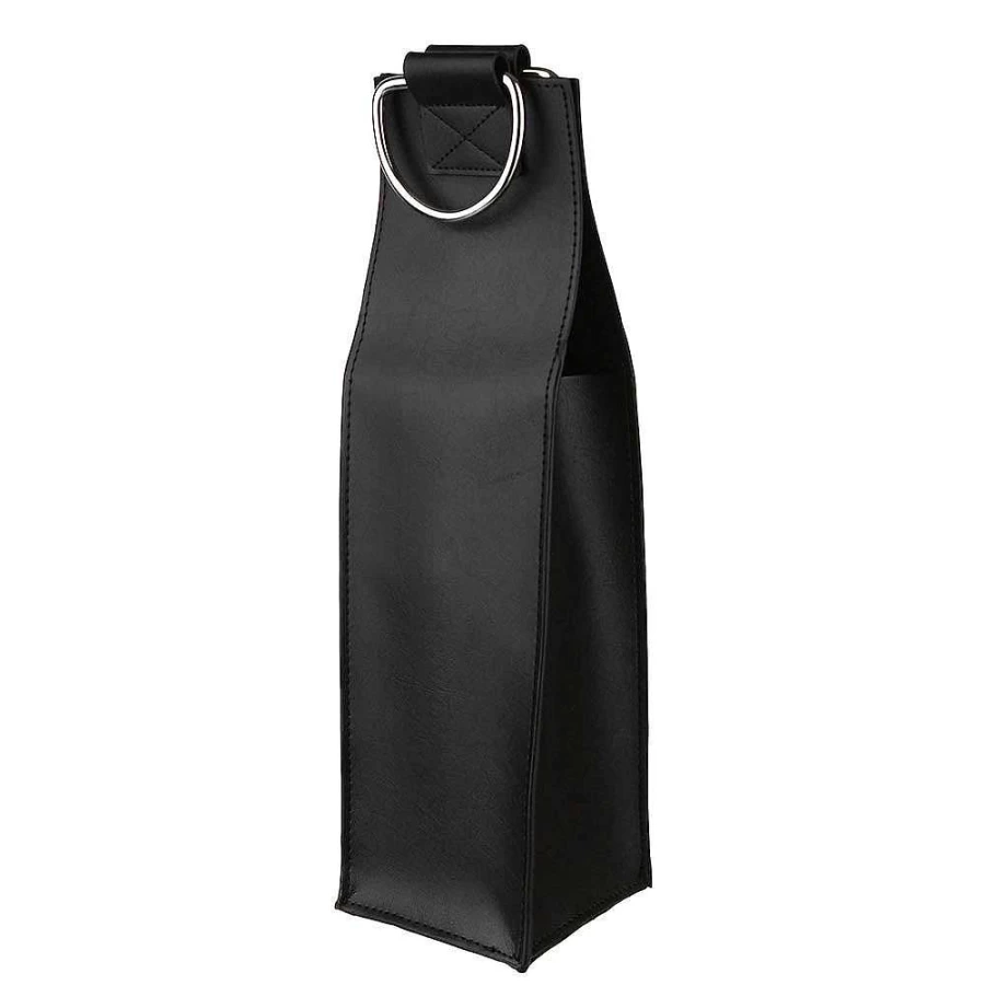 Wheel and Barrow Black Leatherette Single Bottle Wine Carrier with Handle for Easy Transport