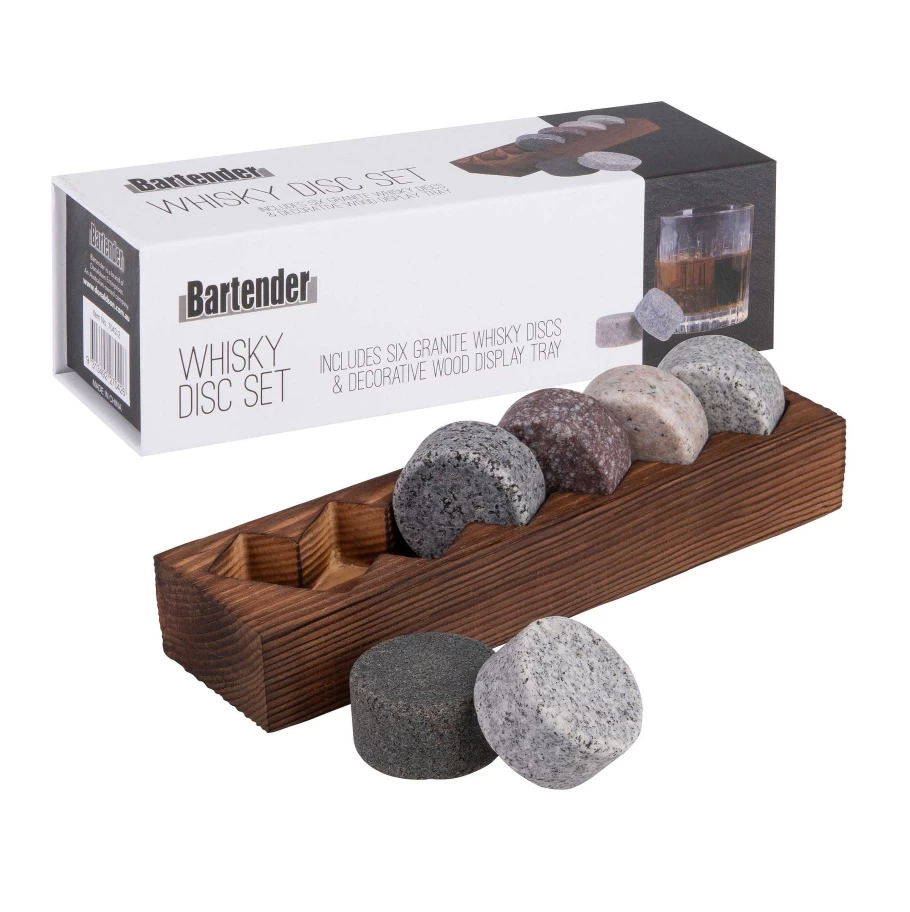 Wheel and Barrow Whisky Disc Set with Wood Base - 6 Premium Scotch Coasters for Home Bar