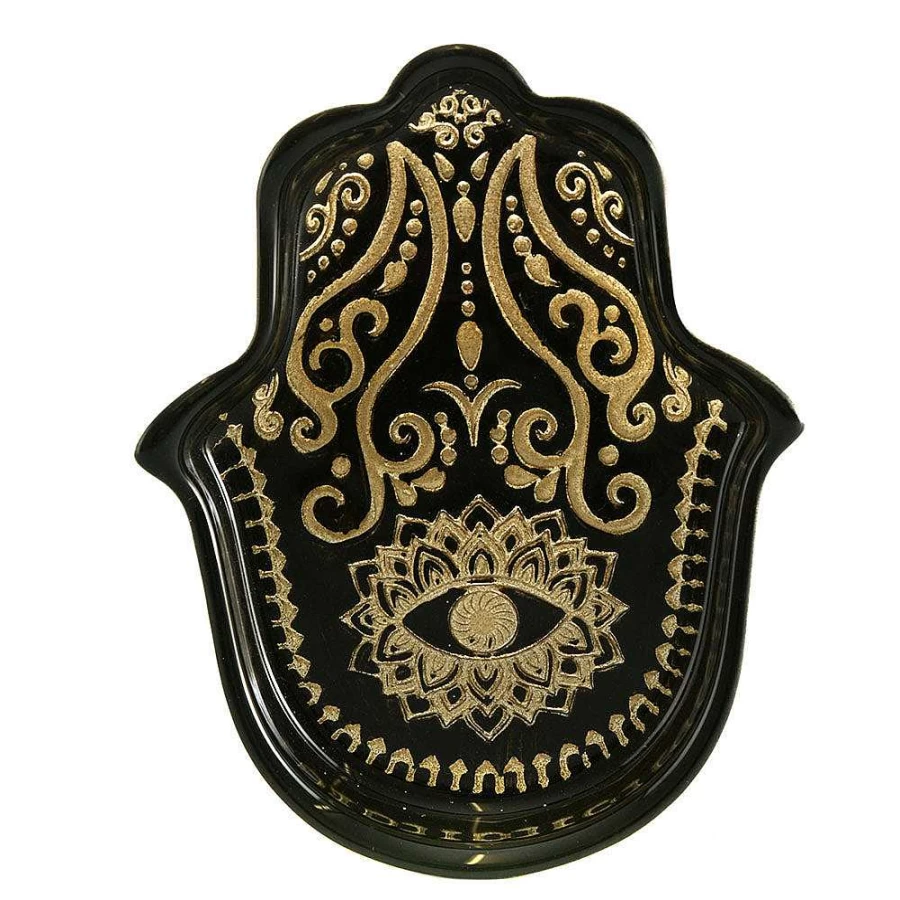 Wheel & Barrow Hamsa Decorative Plate - 21x17cm Black & Gold Metallic Wall Art - Hand of Fatima Home Decor