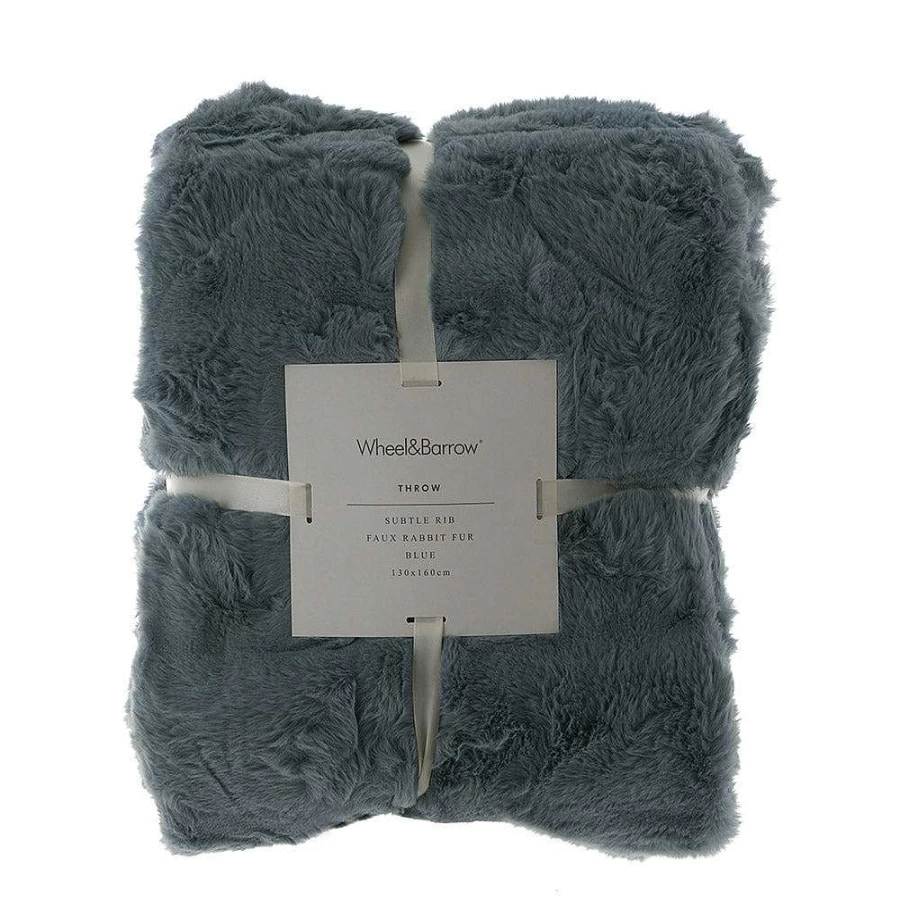 Wheel and Barrow Blue Faux Rabbit Fur Throw Blanket 130x160cm - Soft Subtle Rib Design