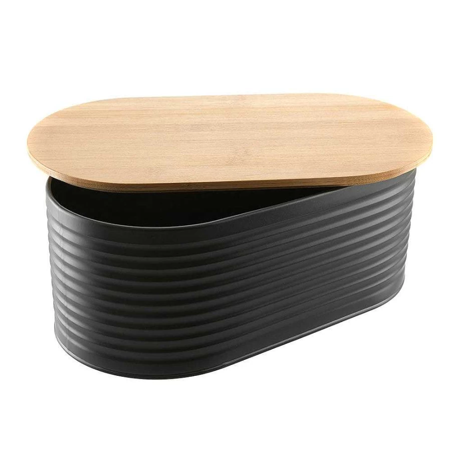 Wheel and Barrow Black Metal Bread Bin with Bamboo Lid - 34x19x13cm Kitchen Storage Container for Fresh Bread
