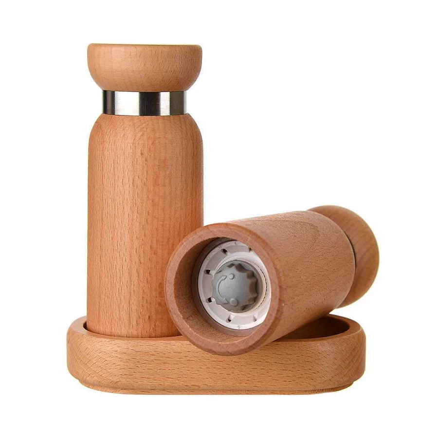 Wheel and Barrow Premium Beech Wood Salt and Pepper Grinder Set with Bamboo Tray - Adjustable Coarseness, Refillable Glass Jars