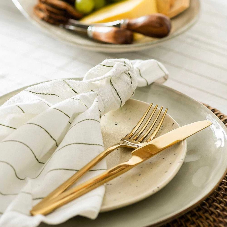 Wheel & Barrow White and Olive Pinstripe Napkin 45x45cm - Premium Linen Table Decor