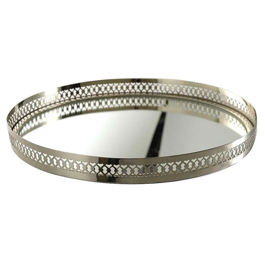 Wheel and Barrow Round Filigree Etched Nickel Tray 40cm x 40cm x 4cm Decorative Metal Serving Platter