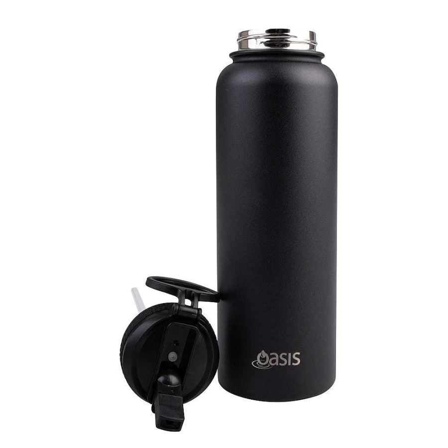 Wheel and Barrow 1.1L Black Oasis Water Bottle with Sipper Straw - BPA Free, Leak Proof, Portable